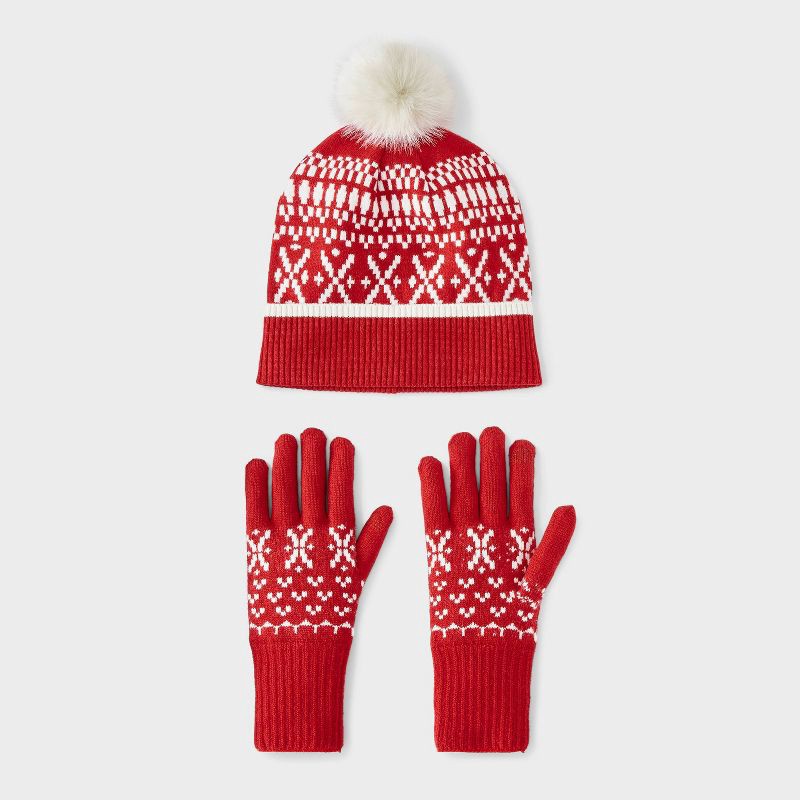 slide 1 of 5, Fair Isle Pattern Beanie & Gloves 2pc Set - Universal Thread™ Red, 2 ct
