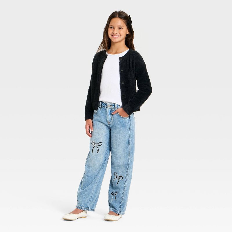 slide 3 of 4, Girls' Sequin Bow Barrel Jeans - Cat & Jack™ Light Wash 5, 1 ct