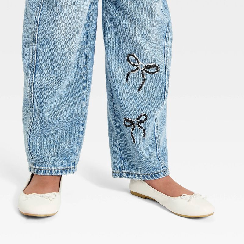 slide 4 of 4, Girls' Sequin Bow Barrel Jeans - Cat & Jack™ Light Wash 16, 1 ct