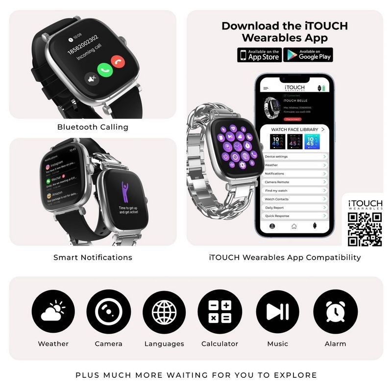 slide 11 of 23, iTouch Belle Silver Case with Silver Metal and Silicon Band Smartwatch Set, 1 ct