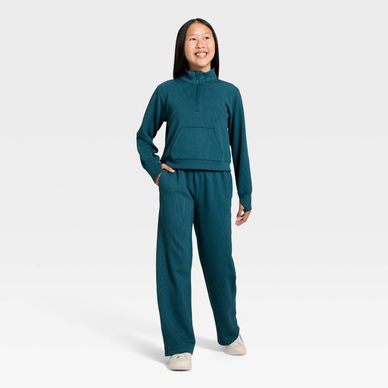 slide 3 of 3, Girls' Airy Sleek Ribbed Pants - All In Motion™ Dark Teal Blue L, 1 ct