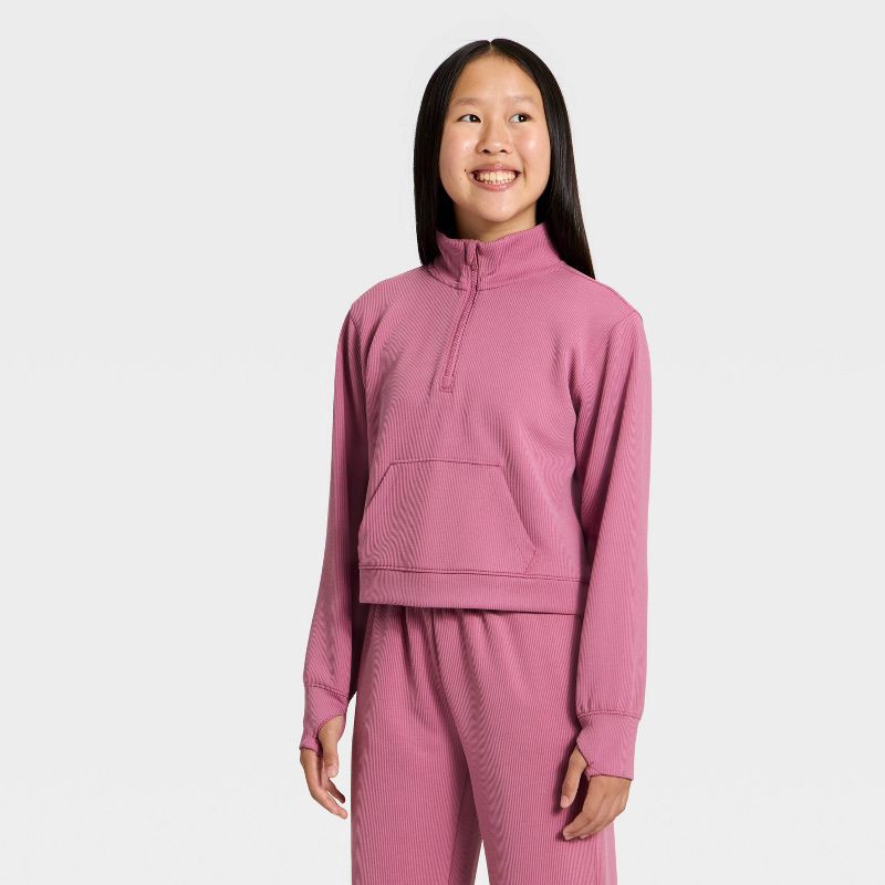 slide 1 of 3, Girls' Airy Sleek Ribbed Half Zip Pullover - All In Motion™ Dark Mauve S, 1 ct