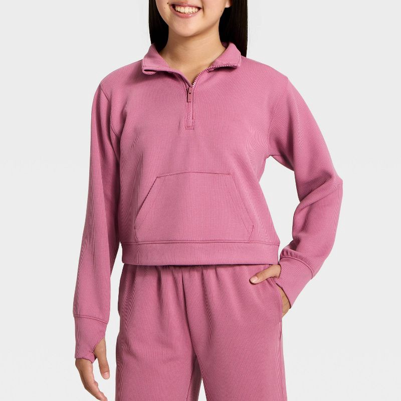 slide 3 of 3, Girls' Airy Sleek Ribbed Half Zip Pullover - All In Motion™ Dark Mauve L, 1 ct