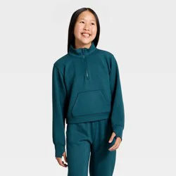 Girls' Airy Sleek Ribbed Half Zip Pullover - All In Motion™ Dark Teal Blue XS