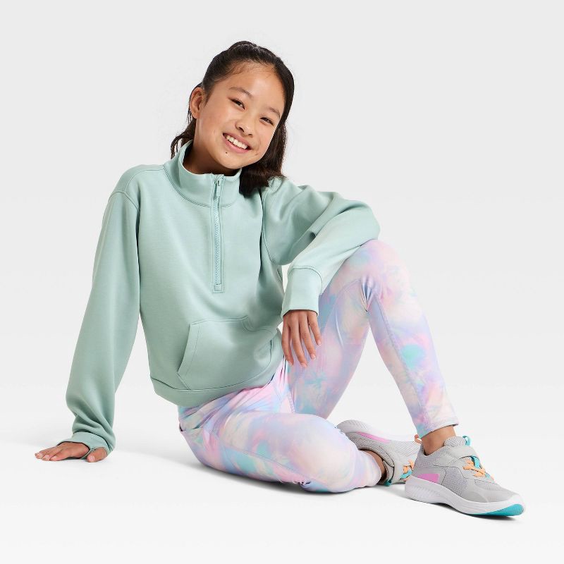 slide 3 of 3, Girls' Airy Sleek Piped 1/2 Zip Pullover Sweatshirt - All In Motion™ Light Mint Green S, 1 ct