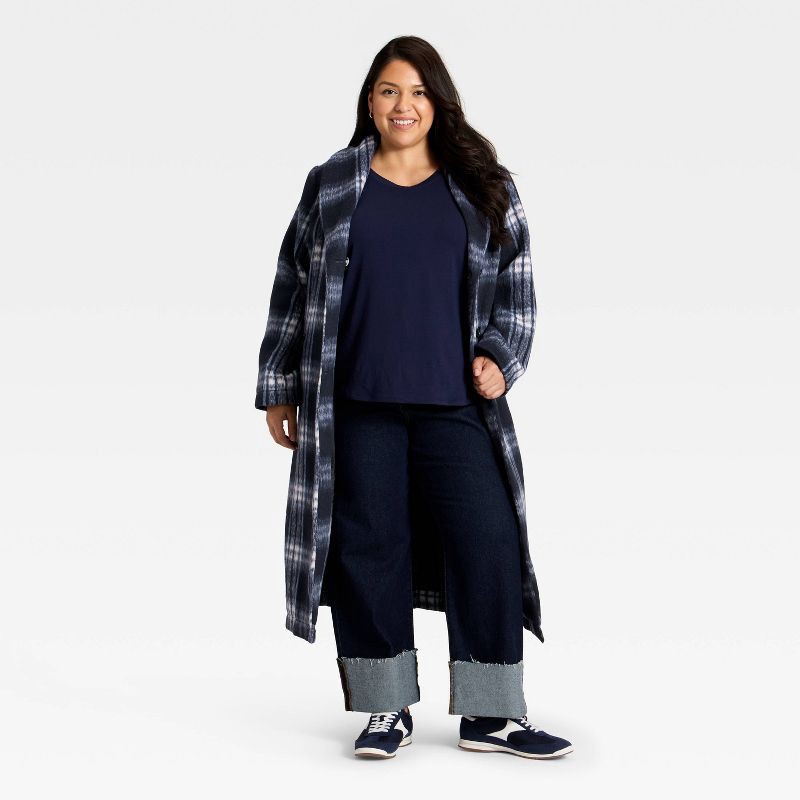 slide 3 of 3, Women's Belted Coat - Ava & Viv™ Navy Blue Plaid 1X, 1 ct