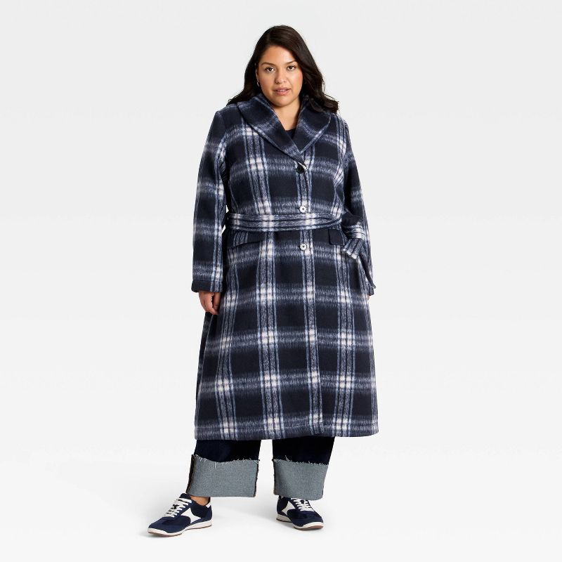slide 1 of 3, Women's Belted Coat - Ava & Viv™ Navy Blue Plaid 2X, 1 ct