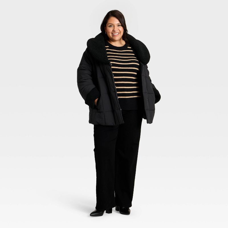slide 3 of 3, Women's Belted Faux Shearling Puffer Jacket - Ava & Viv™ Black 1X, 1 ct