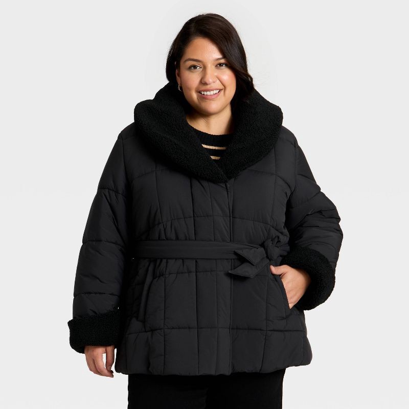 slide 1 of 3, Women's Belted Faux Shearling Puffer Jacket - Ava & Viv™ Black 1X, 1 ct