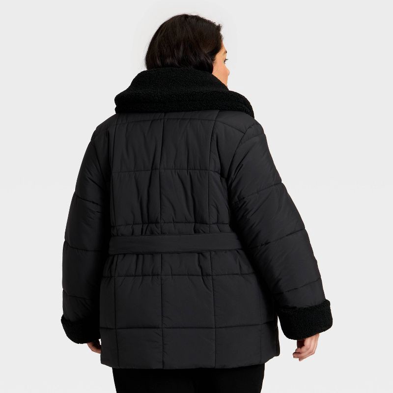 slide 2 of 3, Women's Belted Faux Shearling Puffer Jacket - Ava & Viv™ Black 3X, 1 ct