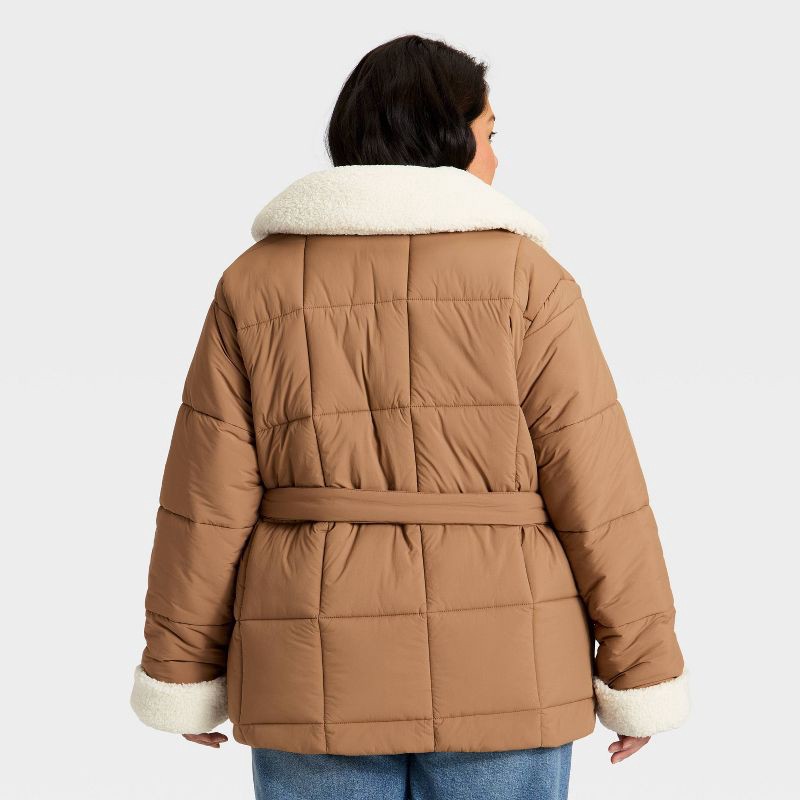 slide 2 of 3, Women's Belted Faux Shearling Puffer Jacket - Ava & Viv™ Tan 2X, 1 ct