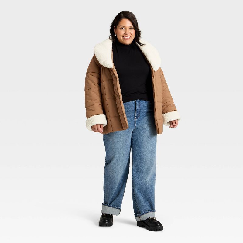 slide 3 of 3, Women's Belted Faux Shearling Puffer Jacket - Ava & Viv™ Tan 3X, 1 ct