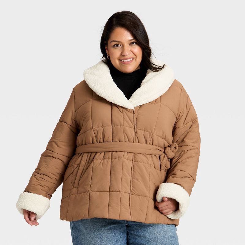 slide 1 of 3, Women's Belted Faux Shearling Puffer Jacket - Ava & Viv™ Tan 3X, 1 ct