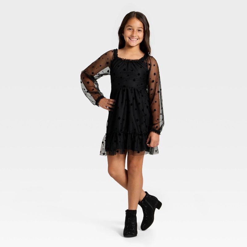 slide 3 of 3, Girls' Long Sleeve Flocked Mesh Dress - Cat & Jack™ Black XS, 1 ct