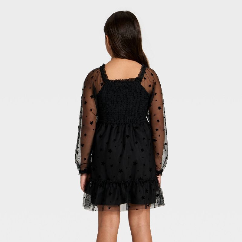 slide 2 of 3, Girls' Long Sleeve Flocked Mesh Dress - Cat & Jack™ Black M, 1 ct