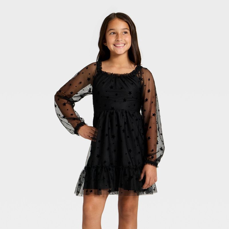 slide 1 of 3, Girls' Long Sleeve Flocked Mesh Dress - Cat & Jack™ Black XL, 1 ct