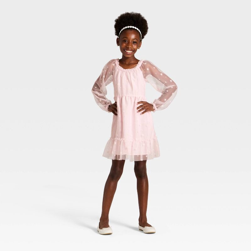 slide 3 of 3, Girls' Long Sleeve Flocked Mesh Dress - Cat & Jack™ Light Pink S, 1 ct