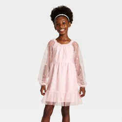 Girls' Long Sleeve Flocked Mesh Dress - Cat & Jack™ Light Pink S