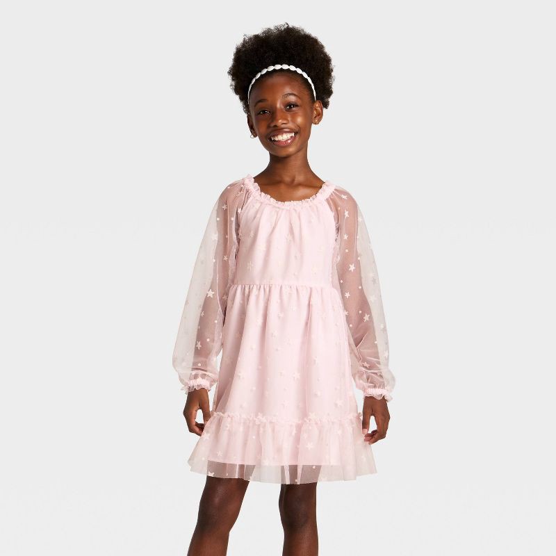 slide 1 of 3, Girls' Long Sleeve Flocked Mesh Dress - Cat & Jack™ Light Pink XL, 1 ct