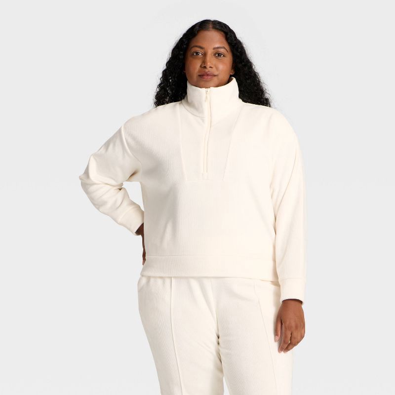 slide 4 of 5, Women's Velour Ribbed 1/2 Zip Sweatshirt - All In Motion™ Cream XL, 1 ct