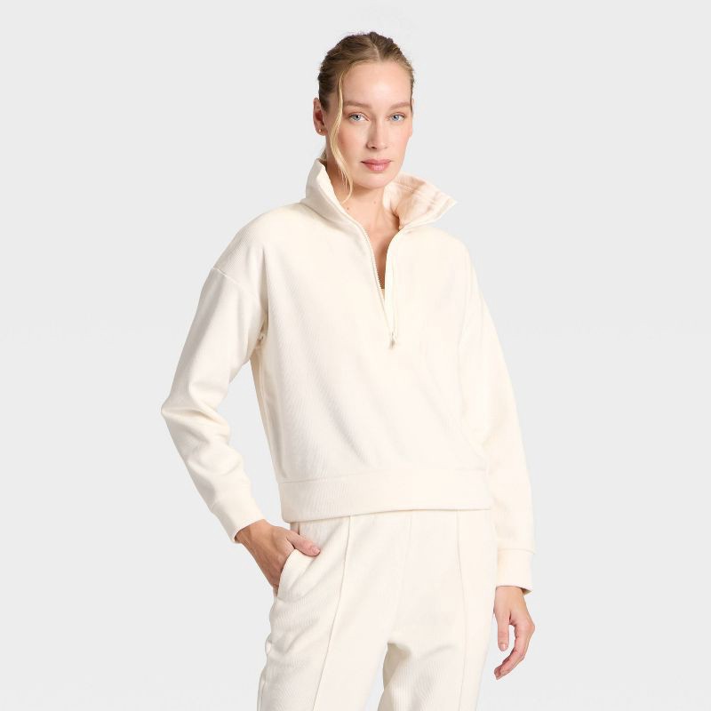 slide 1 of 5, Women's Velour Ribbed 1/2 Zip Sweatshirt - All In Motion™ Cream XL, 1 ct