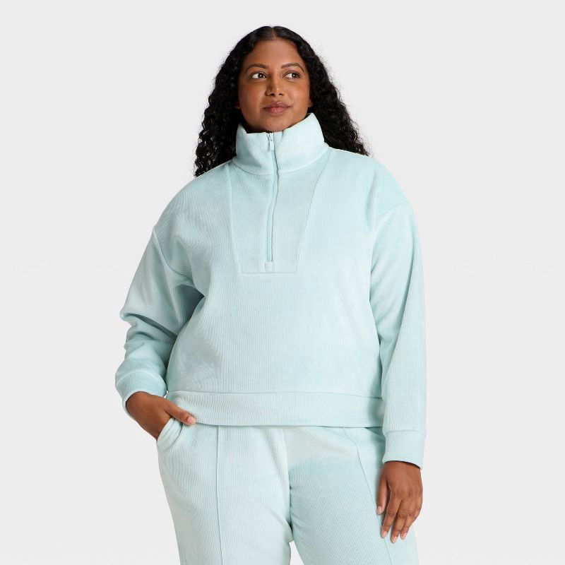 slide 4 of 5, Women's Velour Ribbed 1/2 Zip Sweatshirt - All In Motion™ Light Aqua Blue XS, 1 ct