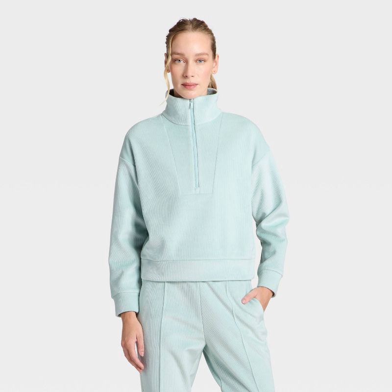 slide 1 of 5, Women's Velour Ribbed 1/2 Zip Sweatshirt - All In Motion™ Light Aqua Blue XL, 1 ct