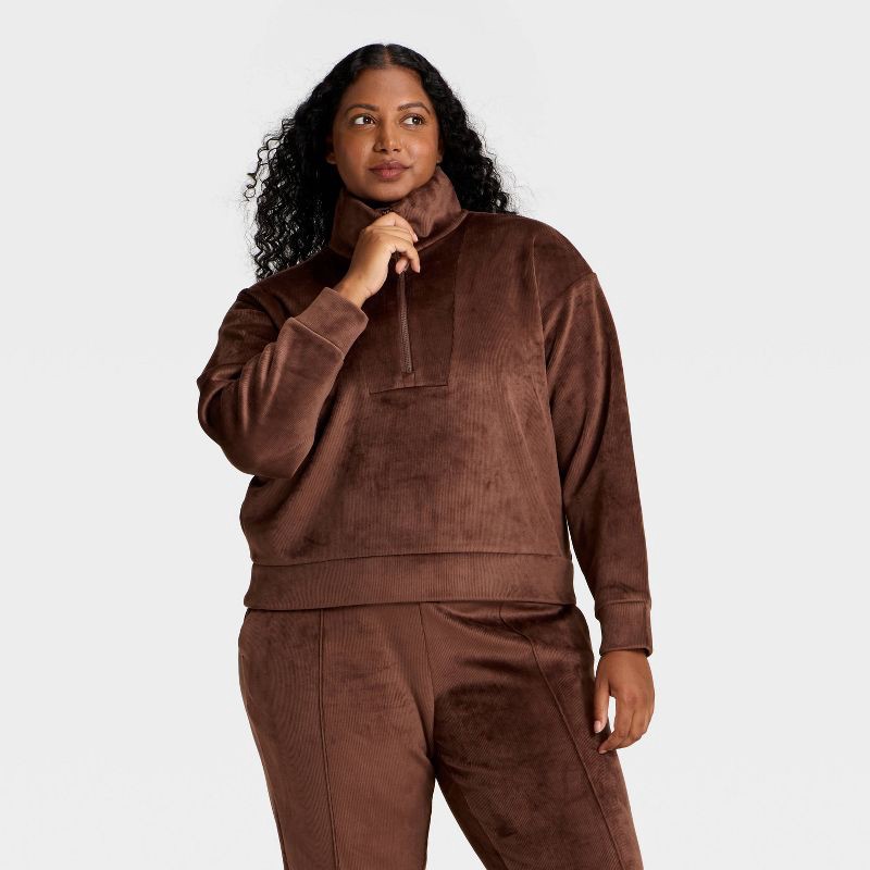 slide 4 of 5, Women's Velour Ribbed 1/2 Zip Sweatshirt - All In Motion™ Brown XS, 1 ct
