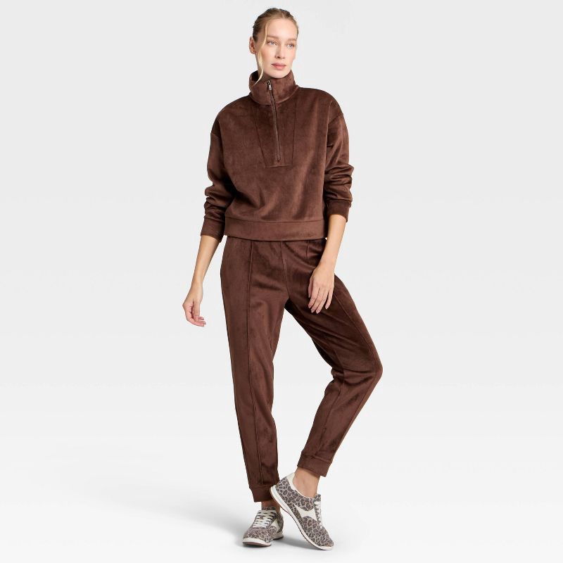 slide 3 of 5, Women's Velour Ribbed 1/2 Zip Sweatshirt - All In Motion™ Brown XL, 1 ct