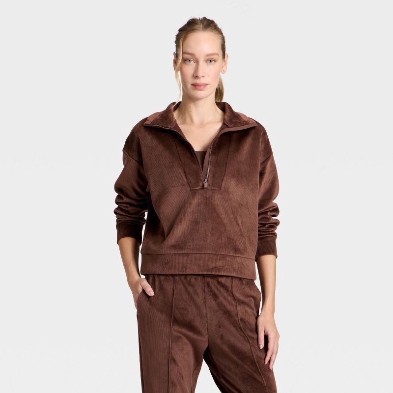 slide 1 of 5, Women's Velour Ribbed 1/2 Zip Sweatshirt - All In Motion™ Brown XL, 1 ct