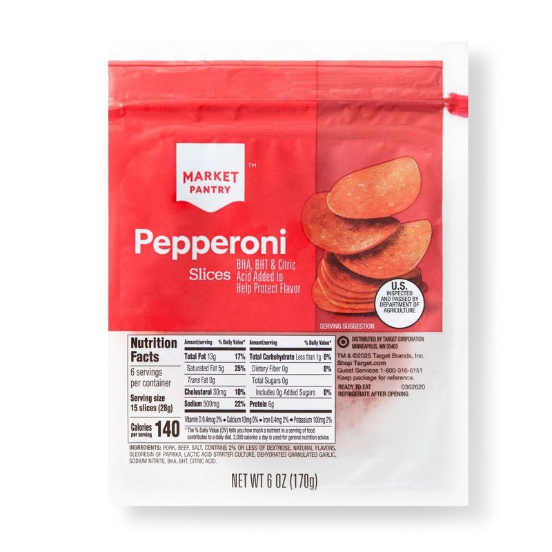 slide 1 of 2, Pepperoni Slices - 6oz - Market Pantry™, 6 oz