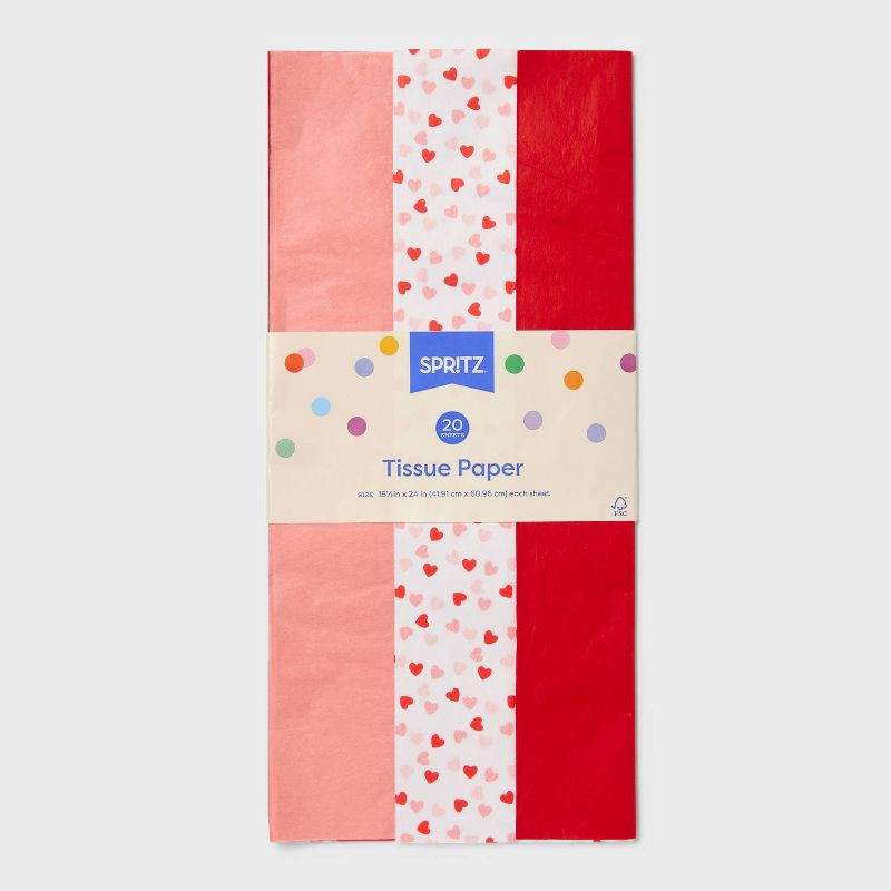 slide 3 of 3, 20ct Valentines Day Heart Printed and Solid Tissue Paper Red/Pink/White - Spritz™, 20 ct
