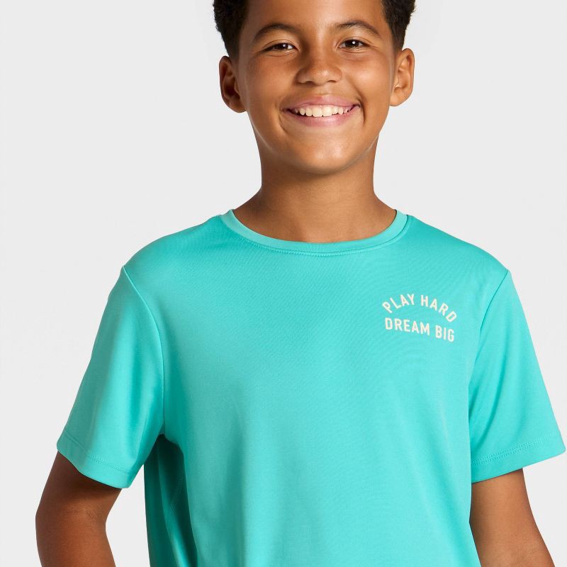 slide 2 of 4, Boys' Short Sleeve 'Play Hard Dream Big' Graphic Active T-Shirt - All In Motion™ Turquoise Blue XS, 1 ct