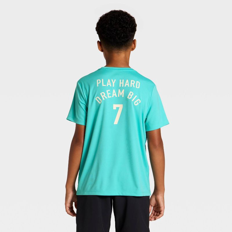 slide 3 of 4, Boys' Short Sleeve 'Play Hard Dream Big' Graphic Active T-Shirt - All In Motion™ Turquoise Blue S, 1 ct