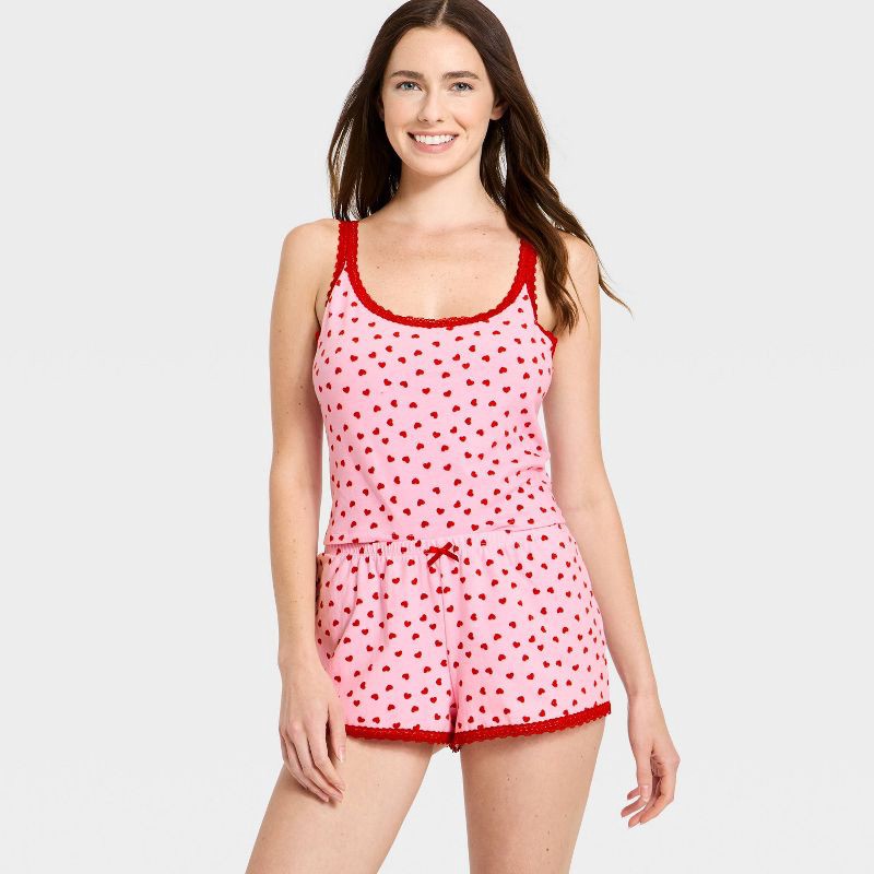 slide 3 of 3, Women's Jersey Tank Top and Shorts Pajama Set - Wild Fable™ Pink Hearts XXL, 1 ct