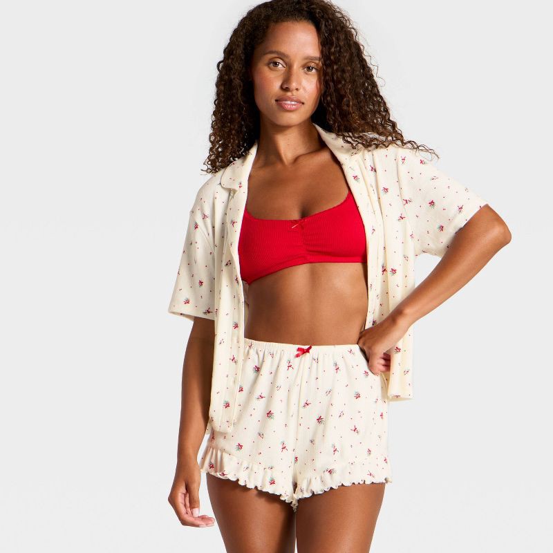 slide 3 of 3, Women's Pointelle Notch Collar Shirt and Shorts Pajama Set - Wild Fable™ Cream Mistletoe XS, 1 ct
