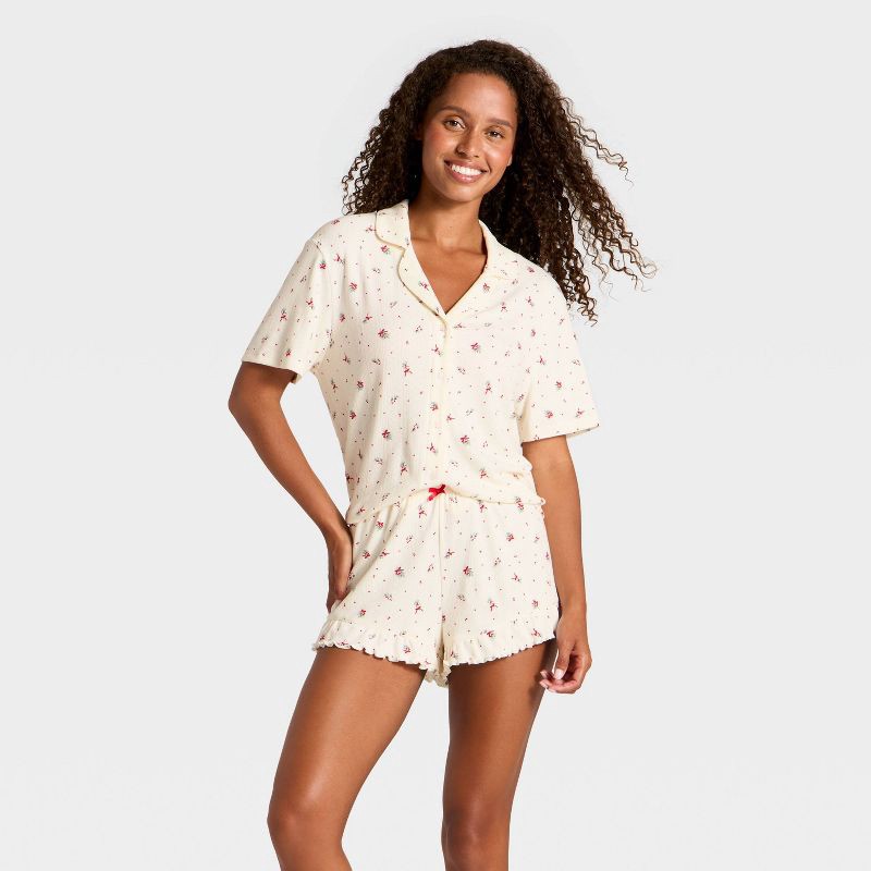 slide 1 of 3, Women's Pointelle Notch Collar Shirt and Shorts Pajama Set - Wild Fable™ Cream Mistletoe XL, 1 ct