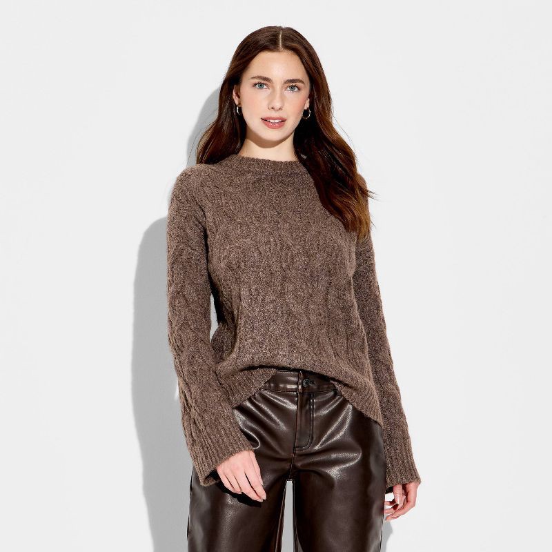 slide 2 of 3, Women's Crewneck Heritage Pullover Sweater - Wild Fable™ Brown S, 1 ct