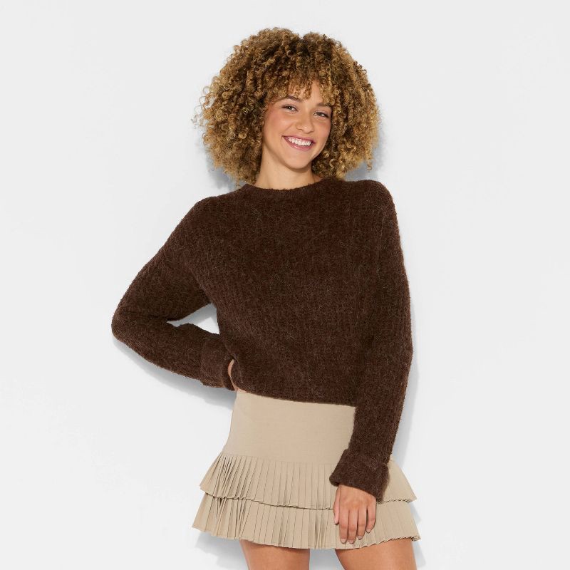 slide 2 of 3, Women's Crewneck Cozy Cocoon Pullover Sweater - Wild Fable™ Brown XXS, 1 ct