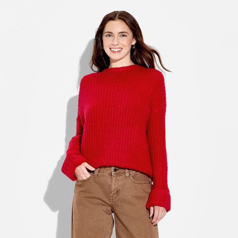 slide 2 of 3, Women's Crewneck Cozy Cocoon Pullover Sweater - Wild Fable™ Tomato Red S, 1 ct