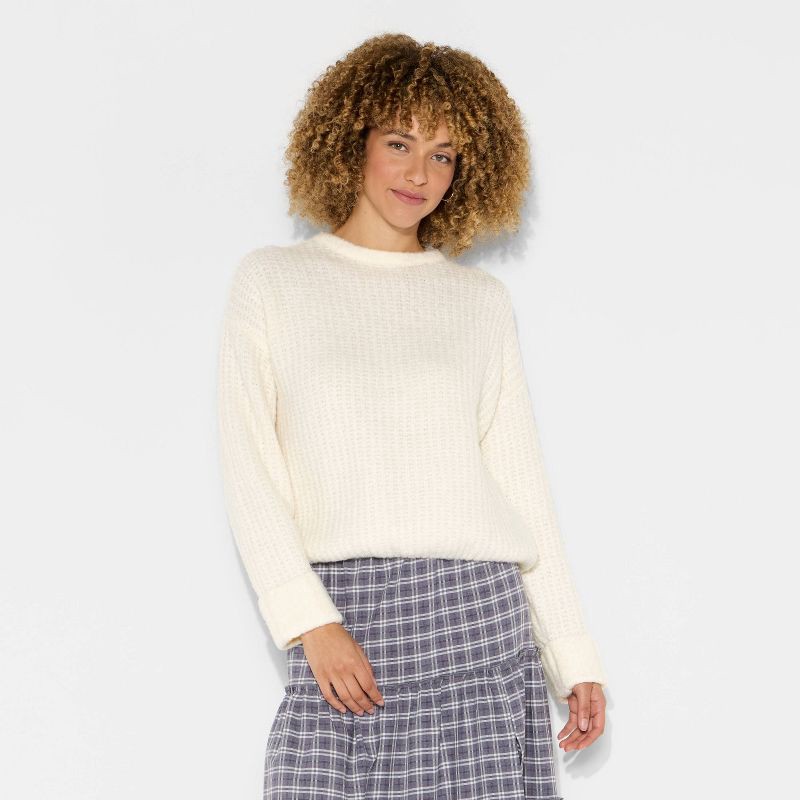 slide 2 of 3, Women's Crewneck Cozy Cocoon Pullover Sweater - Wild Fable™ Off-White S, 1 ct
