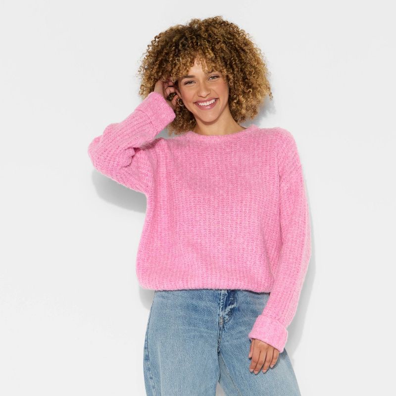 slide 2 of 3, Women's Crewneck Cozy Cocoon Pullover Sweater - Wild Fable™ Rose Pink L, 1 ct