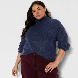 Women's Turtleneck Boucle Tunic Pullover Sweater - Wild Fable™ Navy Blue XXL