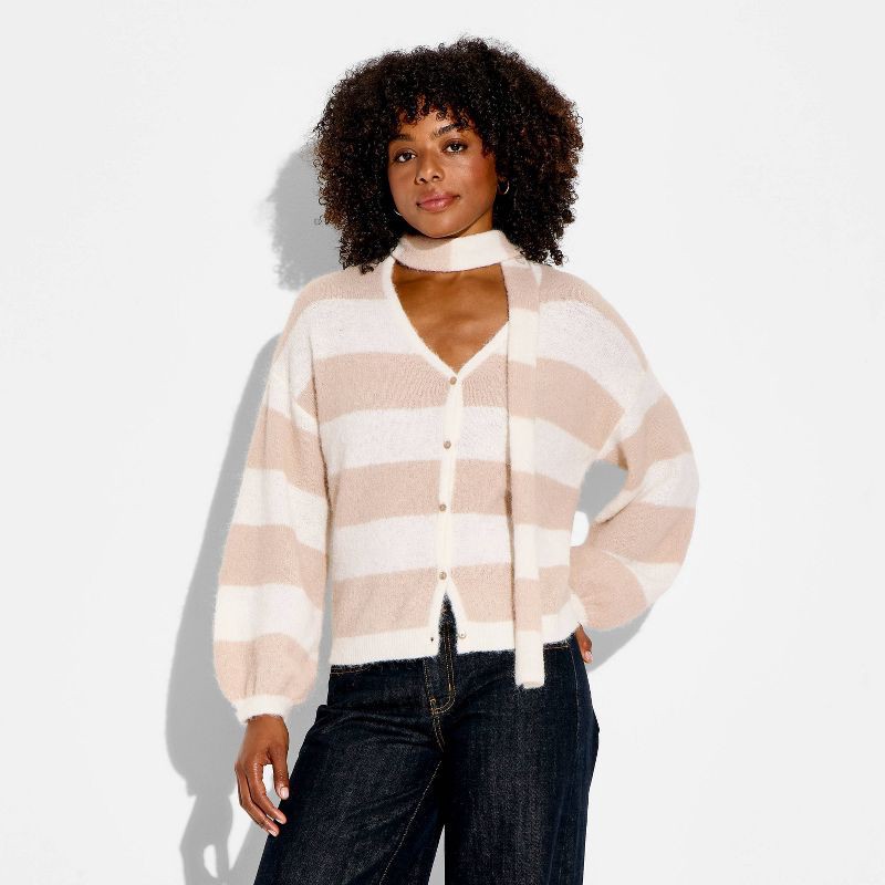 slide 3 of 3, Women's Long Sleeve V-Neck Cardigan - Wild Fable™ Beige Striped S, 1 ct