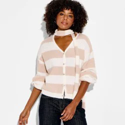 Women's Long Sleeve V-Neck Cardigan - Wild Fable™ Beige Striped L