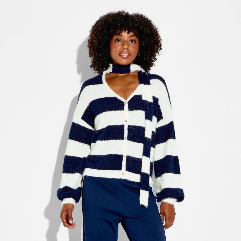 slide 2 of 3, Women's Long Sleeve V-Neck Cardigan - Wild Fable™ Navy Blue Striped M, 1 ct