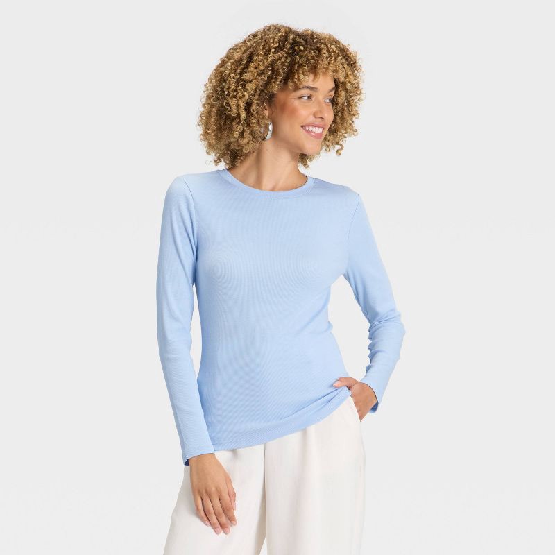 slide 1 of 4, Women's Slim Fit Long Sleeve Top - A New Day™ Blue XS, 1 ct