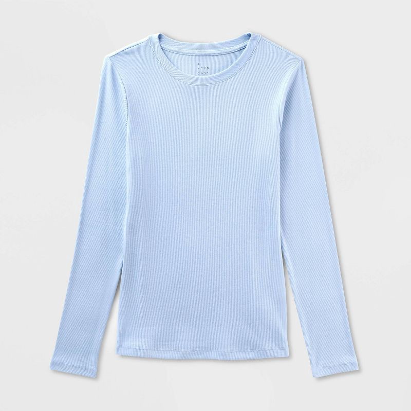 slide 4 of 4, Women's Slim Fit Long Sleeve Top - A New Day™ Blue M, 1 ct