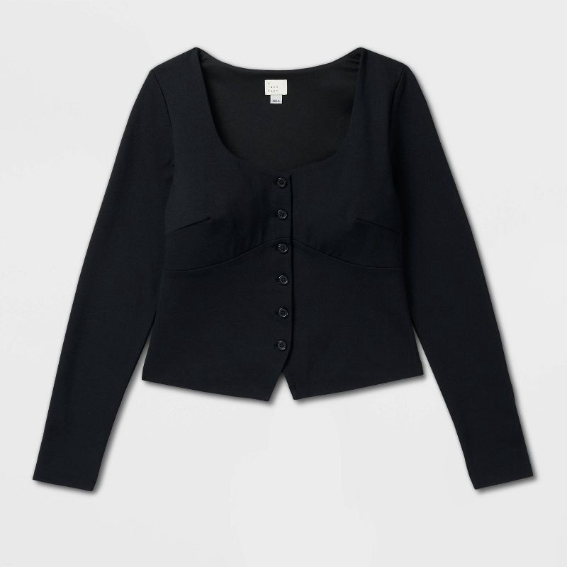 slide 4 of 4, Women's Ponte Button-Front Long Sleeve Top - A New Day™ Black S, 1 ct
