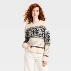 Women's Long Sleeve Cozy Alpine Snowflake Crewneck Pullover Sweater - Universal Thread™ Cream M
